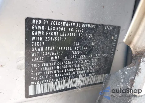 2017 Volkswagen Tiguan 2.0T Wolfsburg Edition из США, поврежденный, VIN WVGSV7AX3HW509034